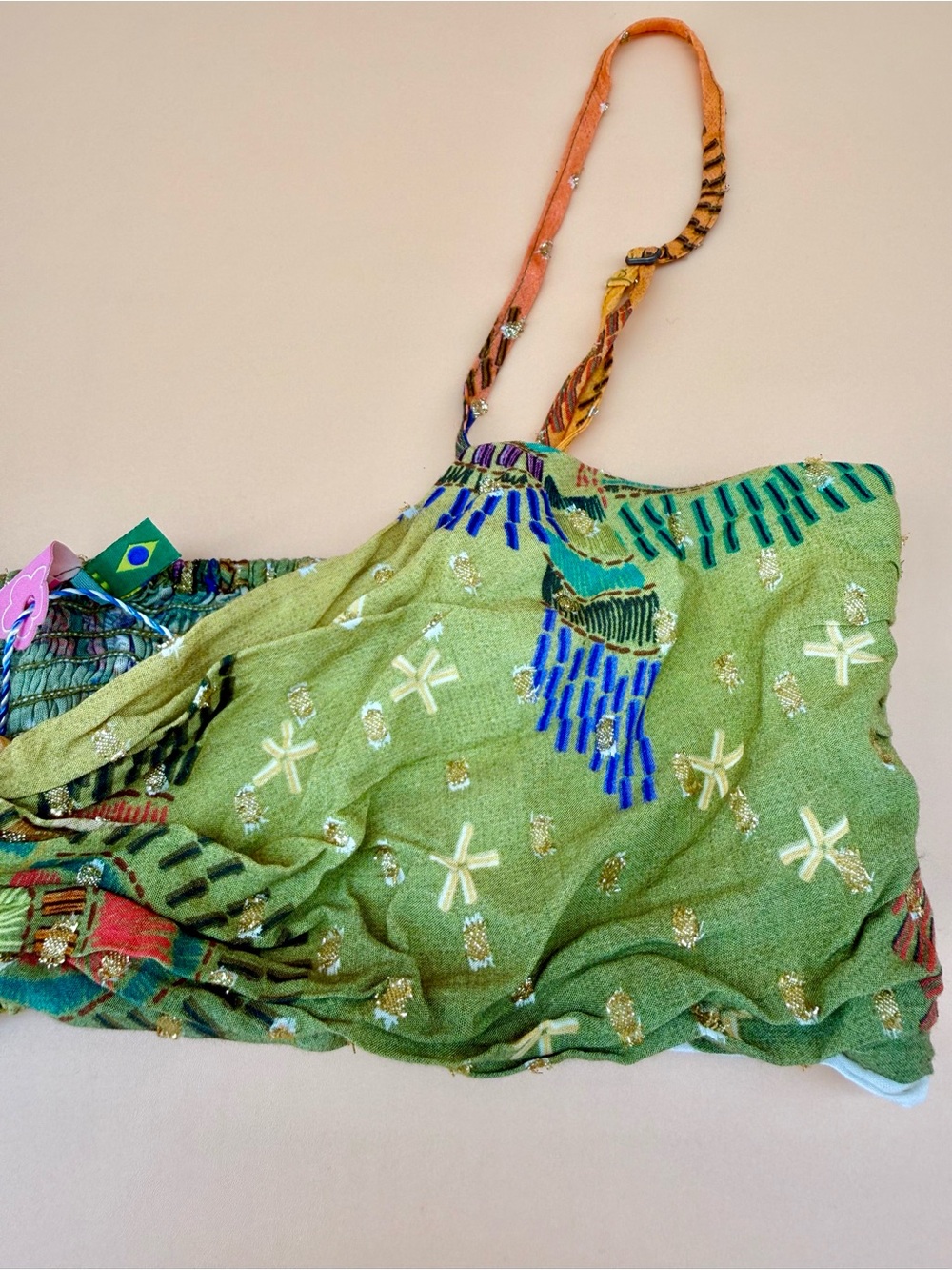 Farm Rio Green Gold Printed Top with Tropical Accents - Picture 2 of 3